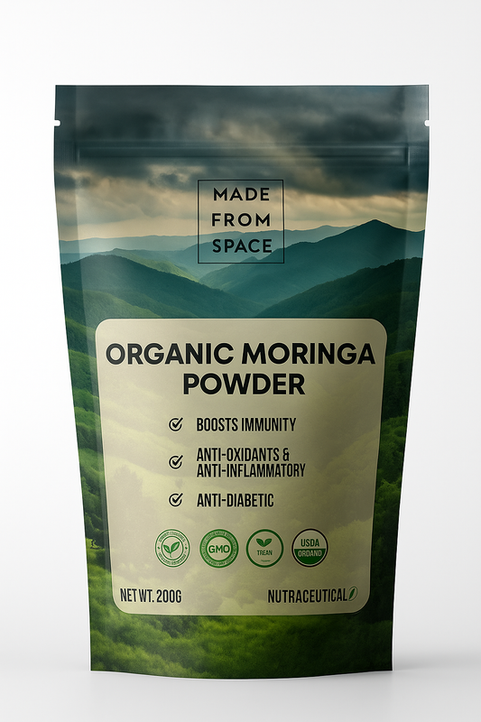 MADE FROM SPACE™ Organic Moringa Powder - 200g, Essential Nutrition Superfood, Helps Naturally Boost Energy Levels, Improves Stamina & Vitality, Rich In Vitamins & Minerals