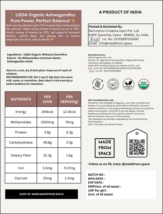 MADE FROM SPACE™ USDA Organic Ashwagandha Root Powder (100 GM)|Jaivik Bharat Certified|Pure|Natural|Helps Fight Anxiety & Stress|Ashwagandha Podi/Amukkara Kizhangu/Asvagandha Churna
