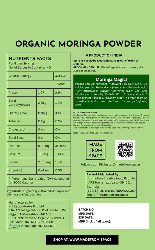 MADE FROM SPACE™ Organic Moringa Powder - 200g, Essential Nutrition Superfood, Helps Naturally Boost Energy Levels, Improves Stamina & Vitality, Rich In Vitamins & Minerals