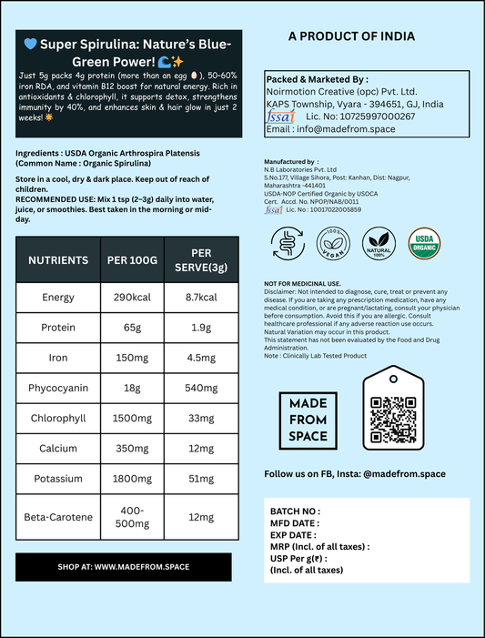 MADE FROM SPACE™ 100% USDA Organic Spirulina Powder | Spirulina Organic | 100g