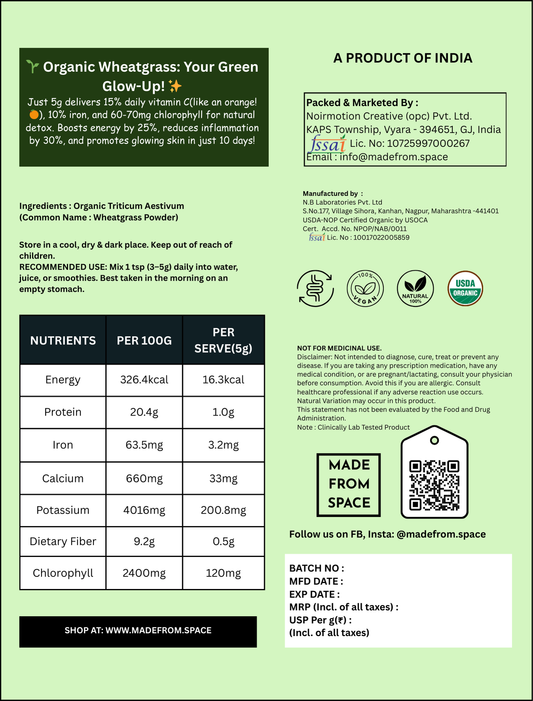 MADE FROM SPACE™ USDA Organic Wheat Grass - 100g, Supports Immunity & Boosts Stamina, Rich in Natural Antioxidants, Vitamins & Minerals, For Detox, Overall Well-Being, GMP & NPOP Certified Organic